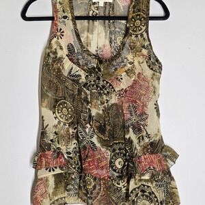 Y2K Solitaire Boho Beaded Floral Tank Ruffle Sleeveless  Womens L Whimsigoth